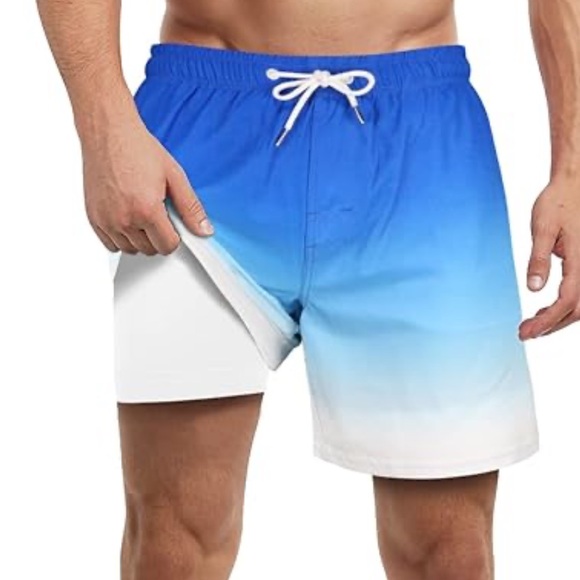 NWT LUCOWEE Mens Swim Trunks with Compression Liner Anti Chafe Sz XL Blue White - Picture 3 of 10